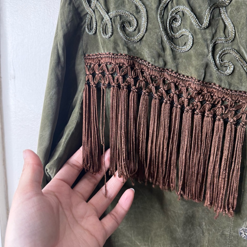 Vintage Cache Green Faux Suede Fringe Western Equestrian Button Blouse - Picture 2 of 8